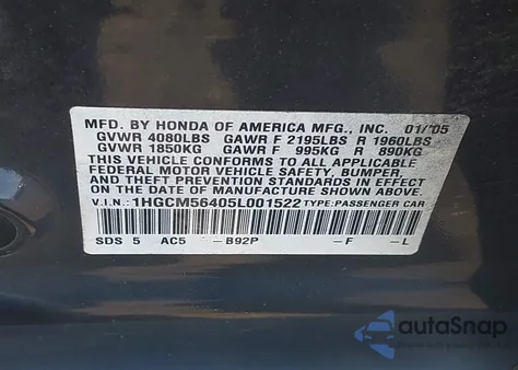 2005 Honda Accord 2.4 Lx from USA, damaged, VIN 1HGCM56405L001522